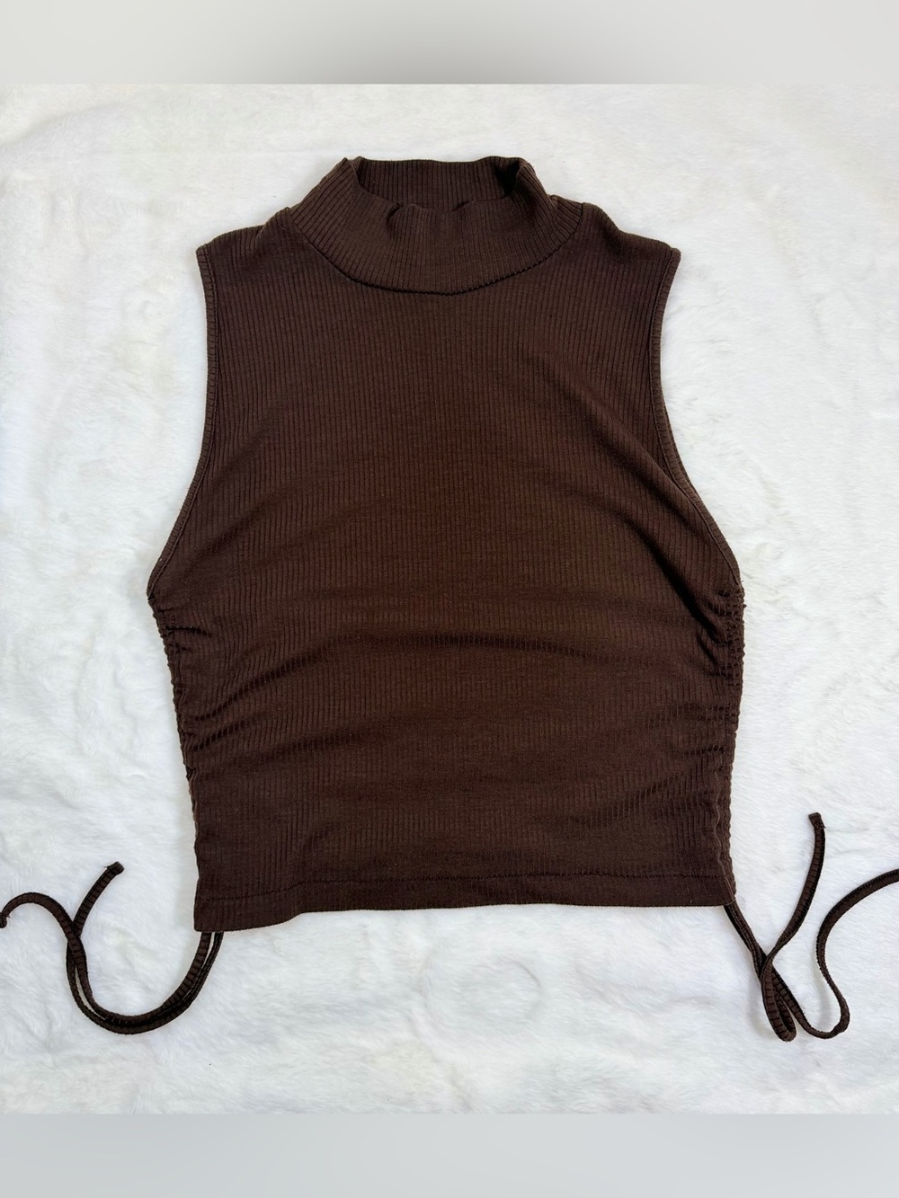 Zara Womens Brown Ribbed Mock Neck Sleeveless Ruched Drawstring Side Top Size M